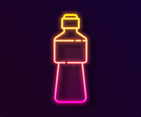 Glowing neon line Bottle of water icon isolated on black background. Soda aqua drink sign. Vector Illustration.