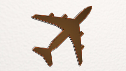 aeroplane on the wall. 3D illustration of metallic sculpture over a white background with mild texture. airplane and aircraft