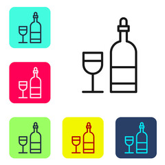 Black line Wine bottle with glass icon isolated on white background. Set icons in color square buttons. Vector Illustration.
