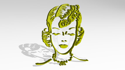 GIRL from a perspective with the shadow. A thick sculpture made of metallic materials of 3D rendering. beautiful and background