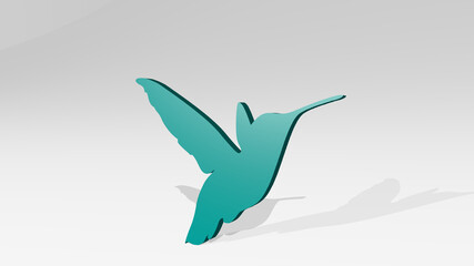 bird made by 3D illustration of a shiny metallic sculpture on a wall with light background. animal and beautiful
