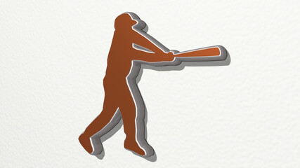 baseball player with bat on the wall. 3D illustration of metallic sculpture over a white background with mild texture. sport and design