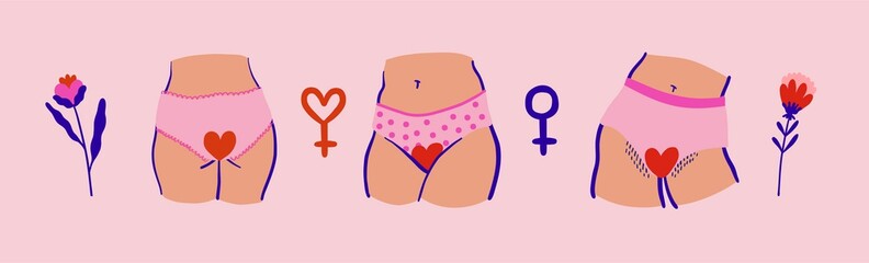 Isolated handdrawn vector illustration. Menstrual theme, woman bodies, panties. Feminine hygene. 
