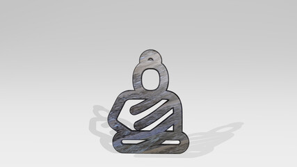 landmark buddha statue casting shadow with two lights. 3D illustration of metallic sculpture over a white background with mild texture. architecture and city