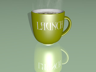 Colorful 3D illustration of a coffee mug with LAUNCH written on it placed on a reflecting floor. rocket and space