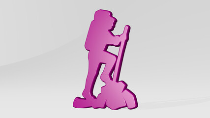 man climbing mountain stand with shadow. 3D illustration of metallic sculpture over a white background with mild texture. adventure and beautiful
