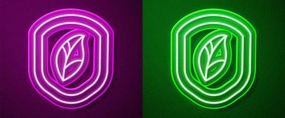 Glowing neon line Shield with leaf icon isolated on purple and green background. Eco-friendly security shield with leaf. Vector Illustration.