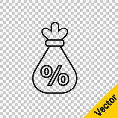 Black line Money bag with percent icon isolated on transparent background. Cash Banking currency sign. Vector Illustration.