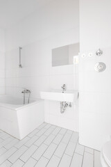 tiled, white bathroom, modern bath with bathtub