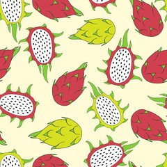 Botanical background with colorful dragon fruits. Seamless fruit pattern. Tropical vector illustration