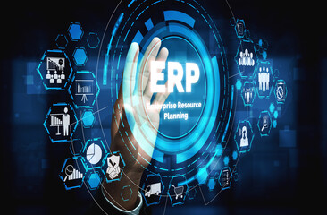 Enterprise Resource Management ERP software system for business resources plan presented in modern...