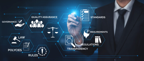 Compliance rule law and regulation graphic interface for business quality policy planning to meet...