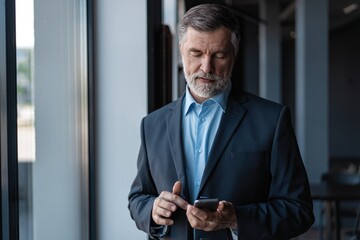 Businessman using mobile phone app texting. Mature caucasian man holding smartphone for business...