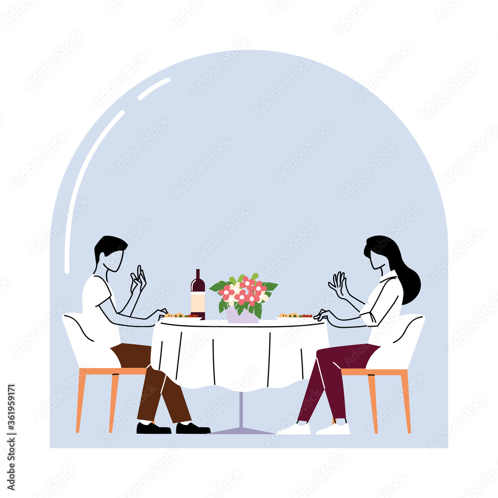 Sticker woman and man sitting at restaurant table with wine vector design