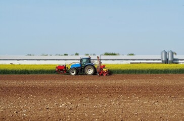 Tractor with a sowing seed machine and a fertilizer machine, as trailers, on a plowed land field....