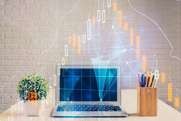 Multi exposure of forex graph and work space with computer. Concept of international online trading.