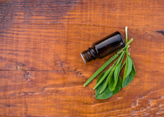 plantain oil in a glass bottle of dark glass on an old wooden background and leaves of fresh plantain