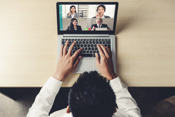 Video call business people meeting on virtual workplace or remote office. Telework conference call...