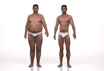 3D Render : the portrait of endomorph (overweight) male and mesomorph (muscular) male