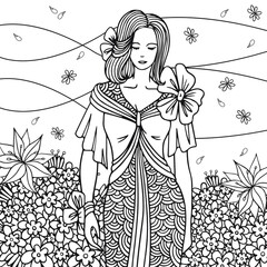 A posing female model. A beauty in spring dress is among flowers. Vector stylish outline illustration for coloring book pages for adults, fashion magazines, decoration.