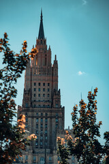 Old stone high-rise building in the historical center of the city