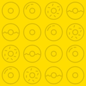 Simple Donut Outline Pastry Illustration Yellow Monochrome Seamless Pattern Background Wallpaper. Bakery Pattern for Packaging, Textile, fabric, paper, print, interior, decor and more.