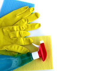 Tools for cleaning. Sponges, rags, window cleaner, gloves. Isolate on a white background.