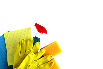 Tools for cleaning. Sponges, rags, window cleaner, gloves. Isolate on a white background.