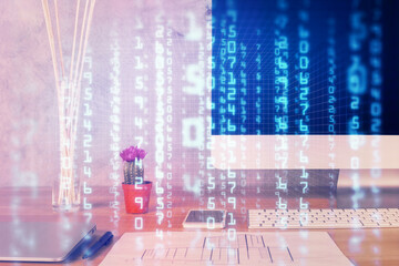 Double exposure of desktop with computer on background and tech theme drawing. Concept of big data.