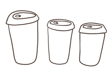 Hand drawn simple style illustration of hot beverages, tea or coffee. Cups with different sizes. 