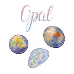 October birthstone Opal isolated on white background. Realistic illustration of gems drawn by hand with watercolor