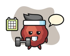 Meatball cartoon doing fitness with dumbbell