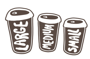 Hand drawn simple style illustration of hot beverages, tea or coffee. Cups with different sizes. 