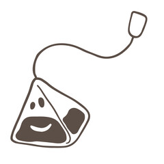 Hand drawn simple style illustration of tea bag,  Funny smiling breakfast cartoon characters.