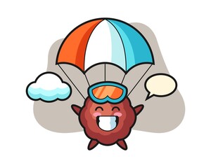 Meatball cartoon is skydiving with happy gesture