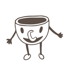 Hand drawn simple style illustration of hot beverages, tea or coffee.  Funny smiling breakfast cartoon characters.