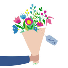 Hand holding a bouquet of flowers. Vector illustration of a bouquet of flowers. Vector flat illustration isolated on a white background. Valentines day card design. Cute postcard.