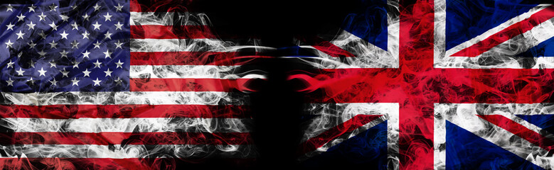 American and english flags in smoke on black. Conflict and custom duty. America VS United Kingdom. Dollar GB Pound exchange currency and international commercial tension and crisis. 3D illustration