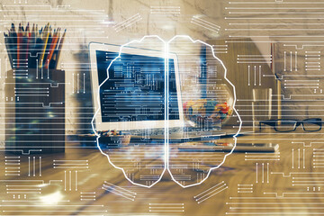Double exposure of desktop computer and human brain drawing hologram. Ai concept.