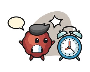Meatball cartoon surprised with a giant alarm clock