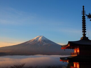 Pagoda called Chureito-tower and Mt. Fuji with   sea of clouds in autumn sunrise