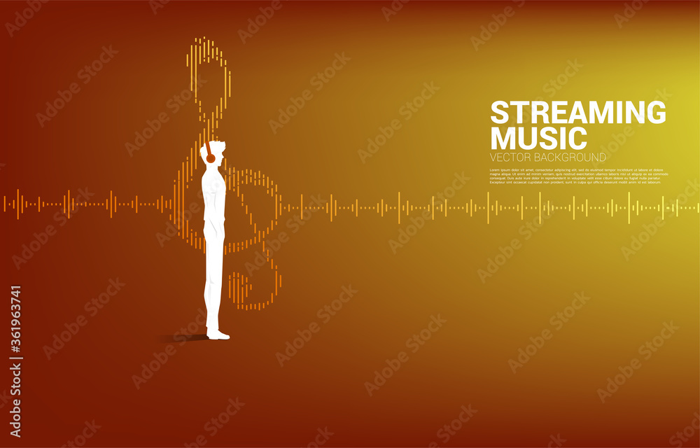 Poster Vector silhouette of man standing with headphone and music note equalizer wave.background for streaming music and digital song.