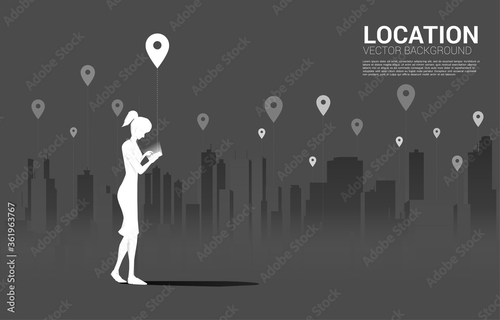 Poster silhouette of man with mobile and gps icon with city background. concept of location and facility pl