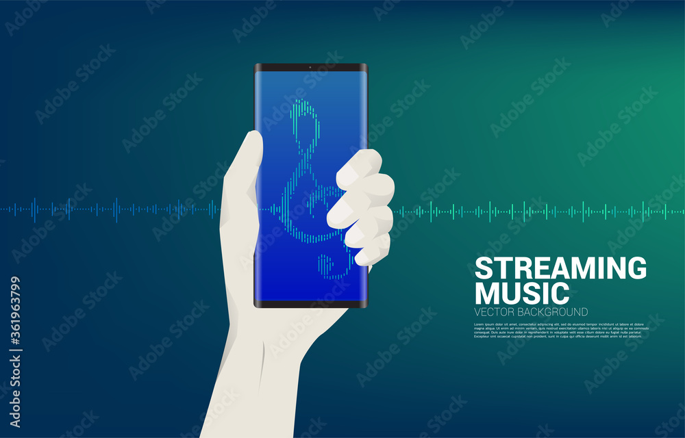 Poster Sol key note icon Sound wave Music Equalizer on mobile phone in hand background. background for streaming music and digital song.