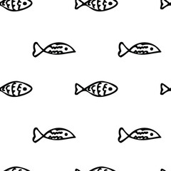 Seamless vector pattern. Doodle fish on a white background. Cartoon contour black and white hand drawing. Print for textiles, postcards, wrapping paper, packaging, and covers.