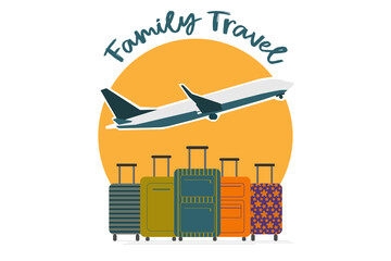 Vector illustration. Family traveling with suitcase on vacation and summer time, holiday Airport, plane. Concept for travel agency, booking service.