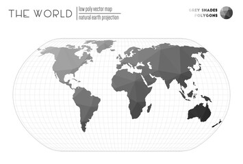 Polygonal world map. Natural Earth projection of the world. Grey Shades colored polygons. Modern vector illustration.