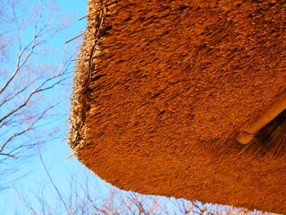 traditional Japanese style house inside of thatched roof