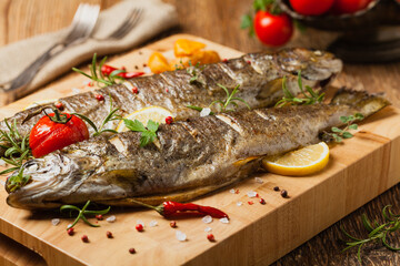 Grilled whole trout. Served with baked potatoes.