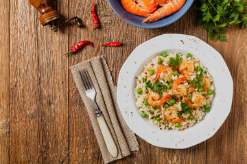 Risotto With Shrimp. Flat lay.